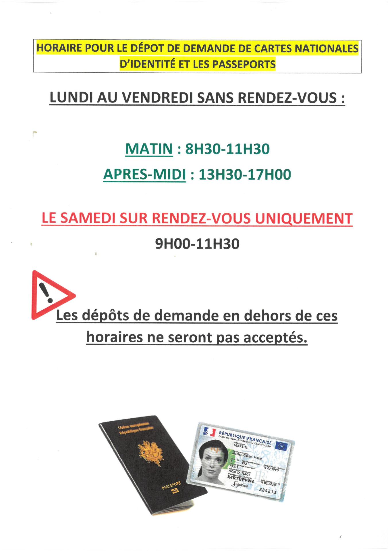 Horaire dépot CNI et Passeport